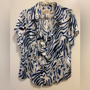Naomi Womens Sheer Button Down Blouse XL 42” Blue White Print Ruffles Beach